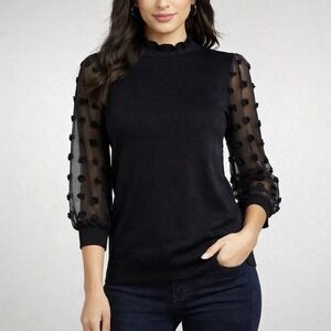 Adrianna Papell Black Mock Neck Sheer Clip Dot Sleeve Sweater Top Size S